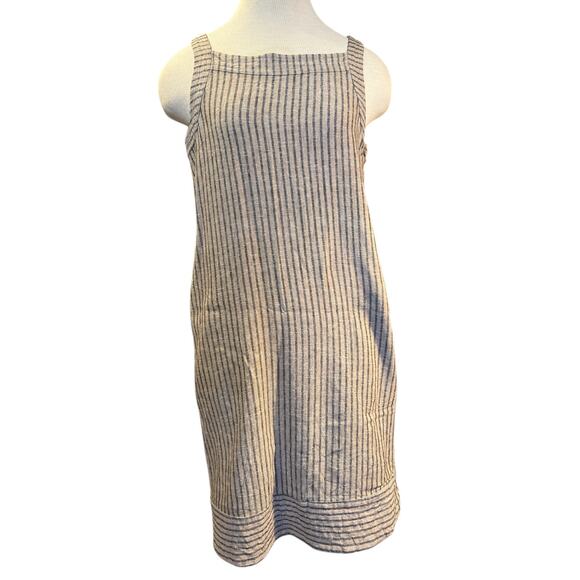 Forcynthia Linen Blend Sleeveless Dress Jumper Sz S Tan Blue Cottage Sustainable - Picture 1 of 9